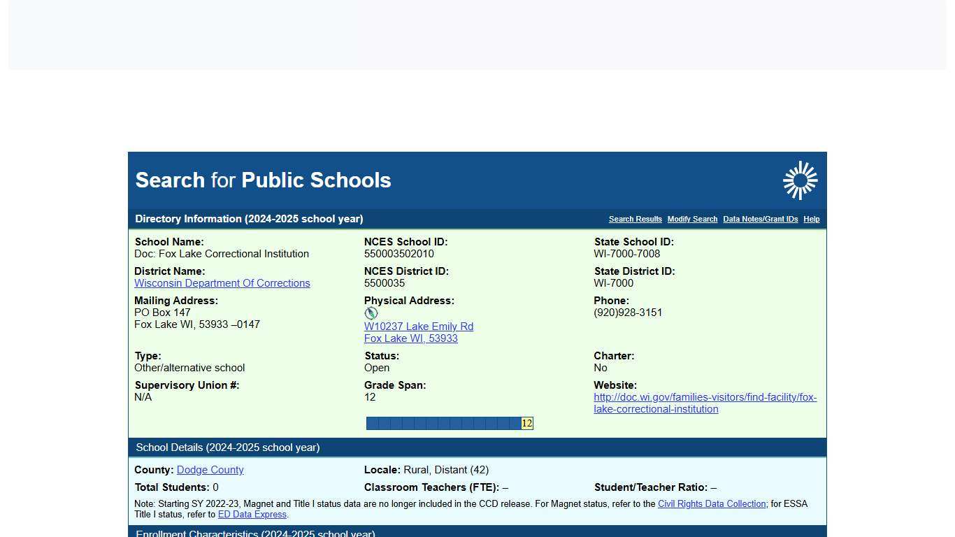 Search for Public Schools - DOC: Fox Lake Correctional Institution (550003502010)