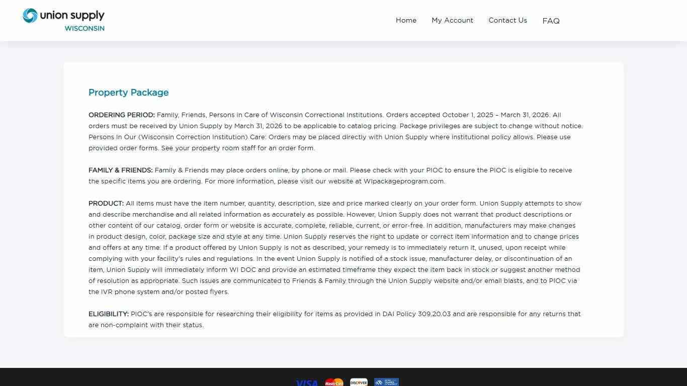 Union Supply Direct - Wisconsin Inmate Package - Rules and Regulations