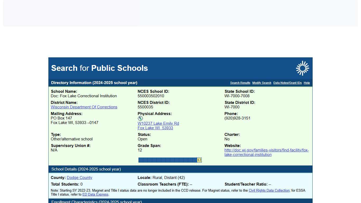 Search for Public Schools - DOC: Fox Lake Correctional Institution (550003502010)